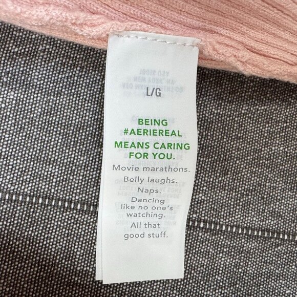 Aerie AE Pink Ribbed Knit Rosette V Neck Long Sleeve Ruche Tie Crop Sweater - Picture 13 of 17